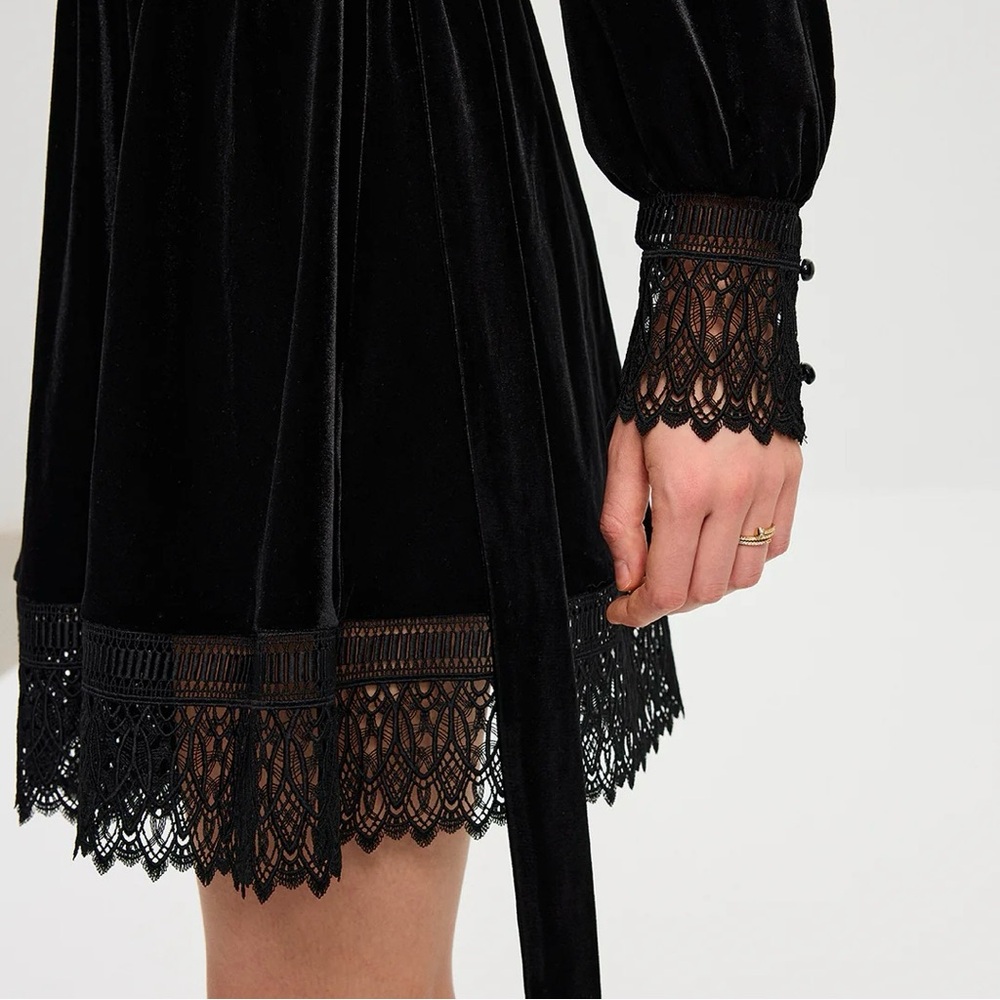 Commense Black Velvet Lace-Trim Mini Dress - Picture 2 of 12